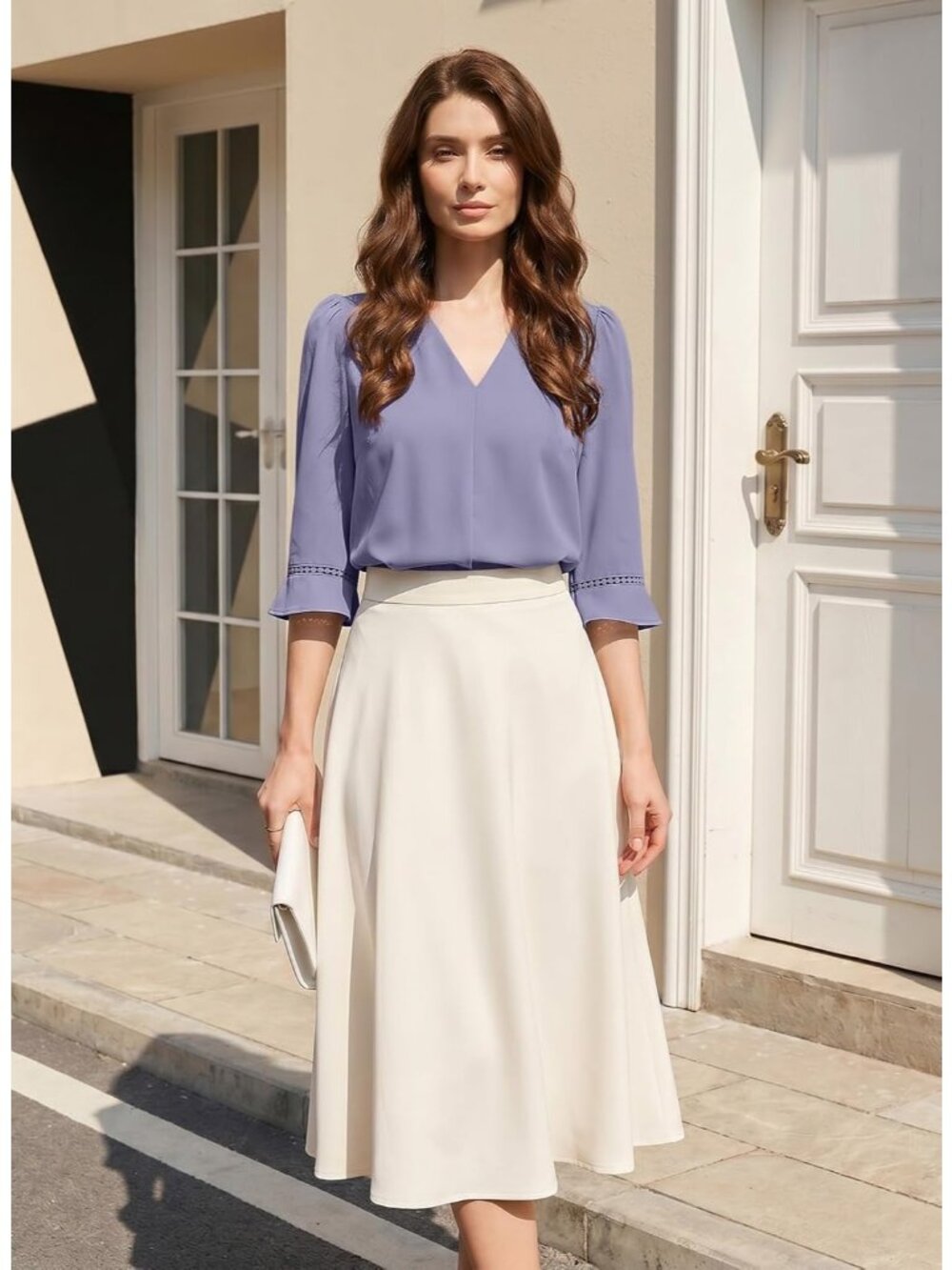 🆕Women Orchid Petal Polyester V Neck Blouses Classic Dressy Summer Soft T Shirt - Picture 2 of 6